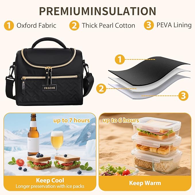Insulated Lunch Bag, Portable Small Cooler Box, Reusable Leakproof Lunch Box Bag with Removable Strap for Work, Travel, Picnic (Black)