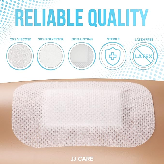 JJ CARE Adhesive Island Dressing [Pack of 50], 2x3.75 Sterile Bordered Gauze, Breathable Island Wound Dressing, Individually Wrapped Adhesive Gauze Bandages with Non-Stick Central Pad