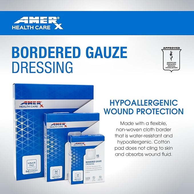 2" x 2" Dressing (1x1 Pad) AMERX Bordered Gauze - Adhesive Bandages - Water Resistant Barrier - Self Adhesive Border - Breathable, Hypoallergenic - 15 Pads Per Box
