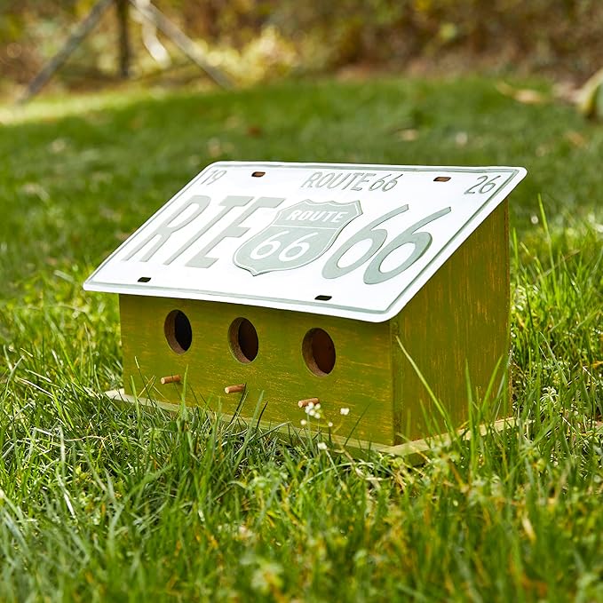 Glitzhome 14”L Wood Hanging Birdhouse for Outdoors, Licence Plate Route 66 Welcome Painted Bird House, Rustic Bird House for Bluebird Wren Sparrow, Bird Nest Box for Garden Patio, Washed Green