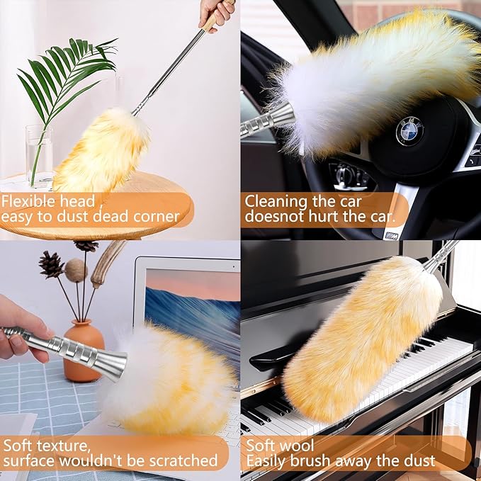 Lambswool Duster Extendable 31-88 Inch, Anti-Static Flexible Head, Stainless Steel Pole for High Ceilings, Fans, Interior & Roof Dusting - Yellow & White