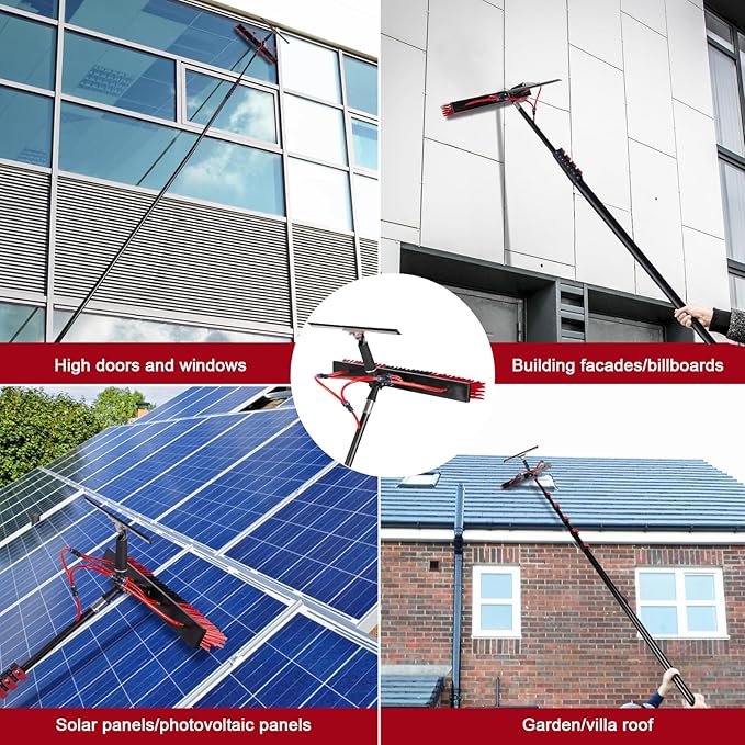 24FT Solar Panel Cleaning Brush & Squeegee Kit, Proffesional Window Washing Tool, 22in Wide Brush & 2 Dusting Brush, Water Fed Pole, Extendable Telescopic Pole for Roof Mounted Solar Panels
