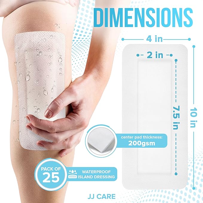 JJ CARE Waterproof Adhesive Island Dressing [Pack of 25], 4" x 10" Sterile Bordered Gauze, Breathable Island Wound Dressing, Individually Wrapped Adhesive Gauze Bandages with Non-Stick Central Pad