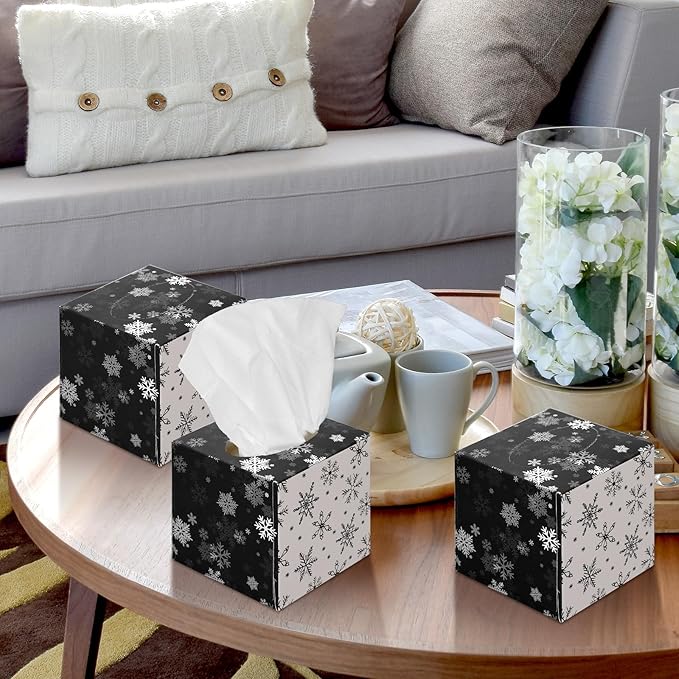 Bencailor 12 Pack Snowflake Facial Tissues Cube Boxes Winter Christmas Tree Square 600 Sheets 3 Ply Small Tissues Cube Boxes for Home Car Accessories(Black and White,Snowflake)