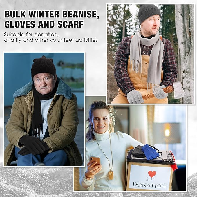 Unittype 300 Pcs Winter Beanies Gloves Scarf Set Bulk 100 Knit Skull Cap 100 Pair Winter Gloves 100 Neck Warmer for Men Women