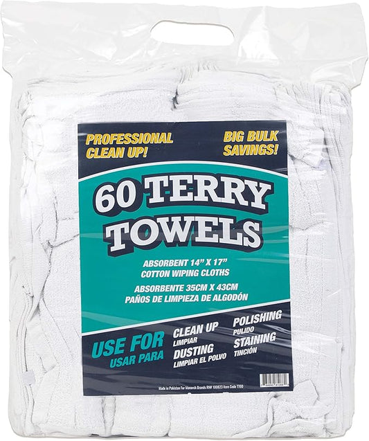 Arkwright TT60 Terry Cloth Towels for Cleaning - (Pack of 60) 100% Cotton Washable Heavy Duty Bar Mop, Absorbent & Quick Drying, Bag of Rags for Kitchen, Auto Shop, and Garage, 14 x 17 in, White