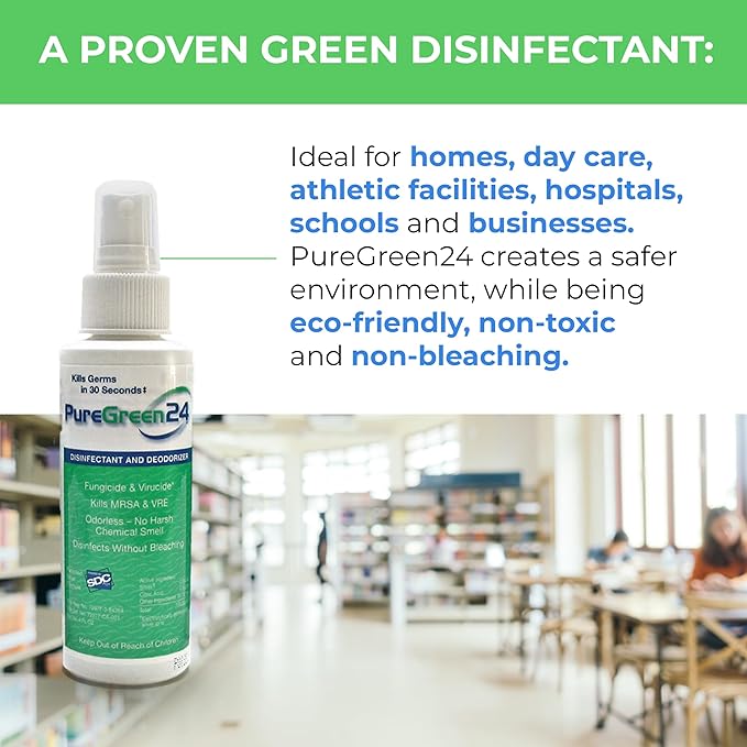 PureGreen24 Institutional pack Safe & Effective Disinfectant. Kills Deadly Germs including RSV Norovirus MRSA Staph 2025 Flu Contains No Toxic Chemicals. 2 gallons (6) 32oz sprays 10 Microfiber