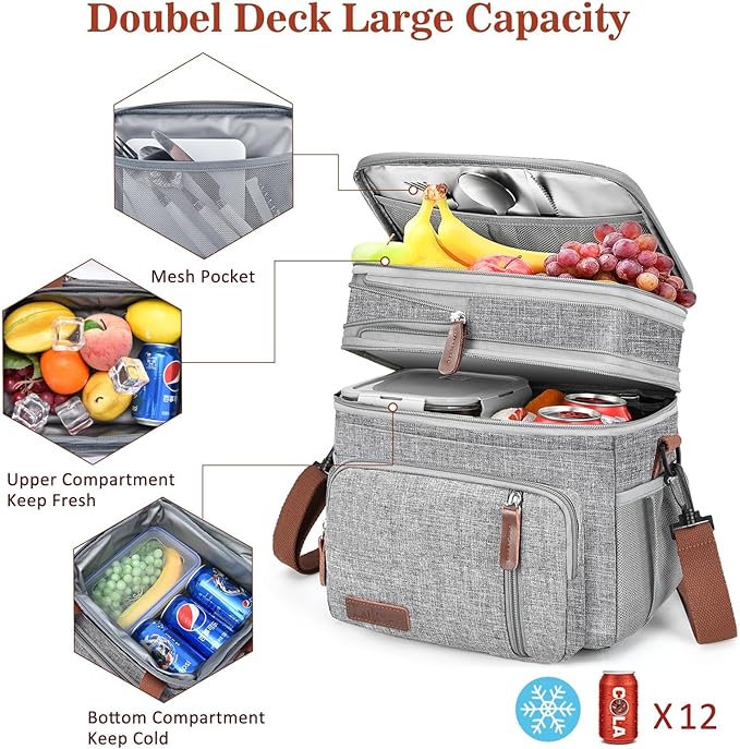 LOKASS Lunch Box & Lunch Bag for Women Men, Expandable Insulated Adult Lunch Box Leakproof Cooler Bag with Adjustable Shoulder Strap, Reusable Womens Lunch Bags for Work Picnic Beach, 16L, Grey
