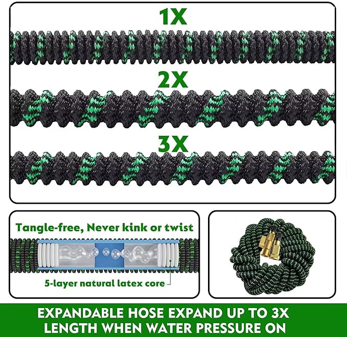 100 ft Garden Expandable Hoses - New Upgrated 2025 Flexible Water Hose - Kink-less Car Wash Pipes with Solid Brass Connector, Leakproof Lightweight Expanding Hoses for Yard,Outdoor