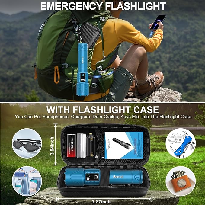 Rechargeable Tactical Flashlights High Lumens - 5000mAh Super Bright LED Powerful Flash Light, Waterproof Handheld USB C Flashlight for Home,Car,Camping,Emergencies,5 Modes,Zoomable (2, Turquoise)