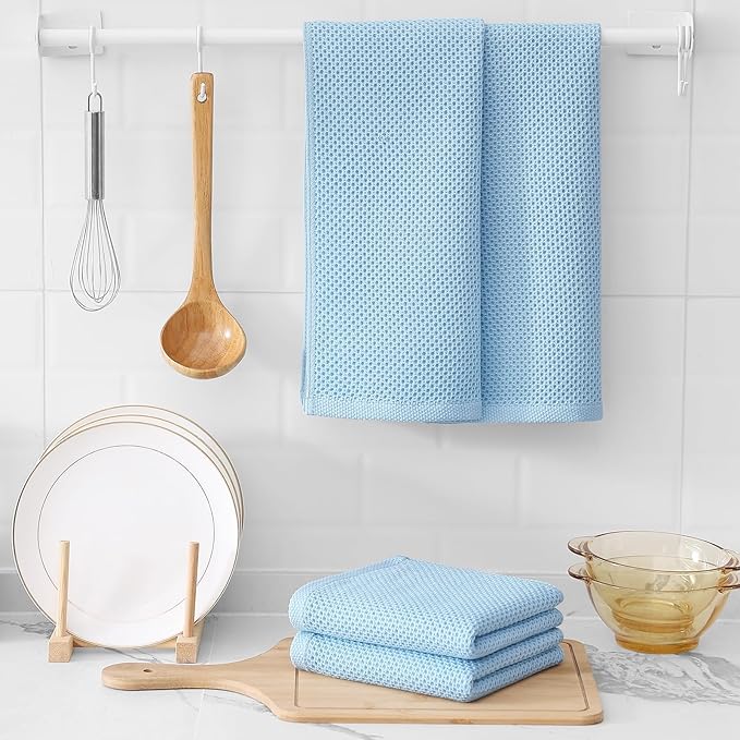 Kitinjoy 100% Cotton Waffle Weave Kitchen Towels (13 X 28 Inches, Sky Blue), 6-Pack Super Soft and Absorbent Dish Towels for Drying Dishes, Kitchen Hand Towels