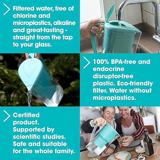 Alkanatur Alkaline Hydrogen Water Filter Pitcher - Removes Fluoride, Chlorine, Microplastics, PFAs, Lead - Activated Coconut Charcoal Carbon Filter - Water Ionizer, pH of 9.5, Adds Magnesium