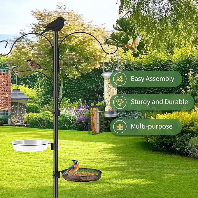 Bird Feeder Pole, 91in 4 Hook Bird Feeding Station Kit with Adjustable Shepherds Hooks, Birds Feeder for Outdoors with Pole 5 Prongs Base Attracting Wild Birds (ATR Deco, Black 91in)