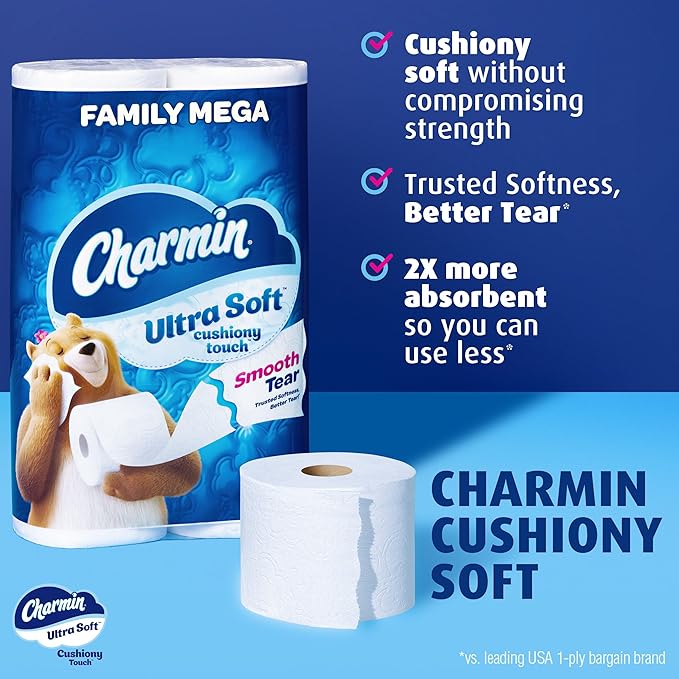 Charmin Ultra Soft Cushiony Touch Toilet Paper, 24 Family Mega Rolls = 123 Regular Rolls (Packaging May Vary)