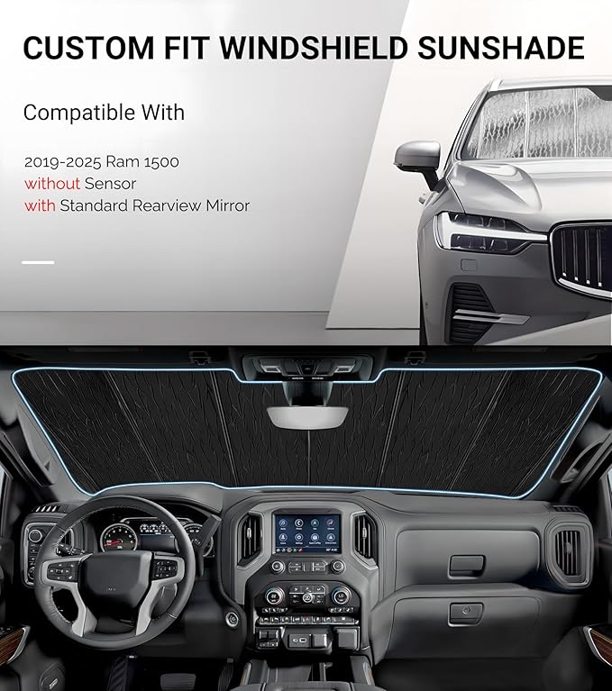Windshield Sun Shade for Ram 1500 2019-2025 Without Sensor with Standard Rearview Mirror, Custom Fit Front Window Sunshade - AstraGuard