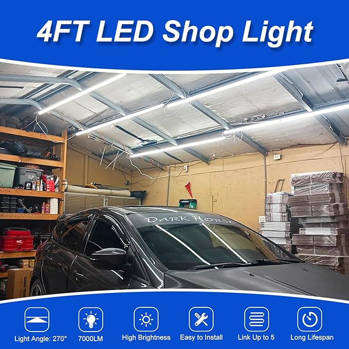 Led Shop Lights,4FT LED Light 50W 6000K 7000LM Led Daylight,Garage Light,Linkable Clear Cover Integrated V-Shape for Garage Warehouse Workbench Workshop(6-Pack)