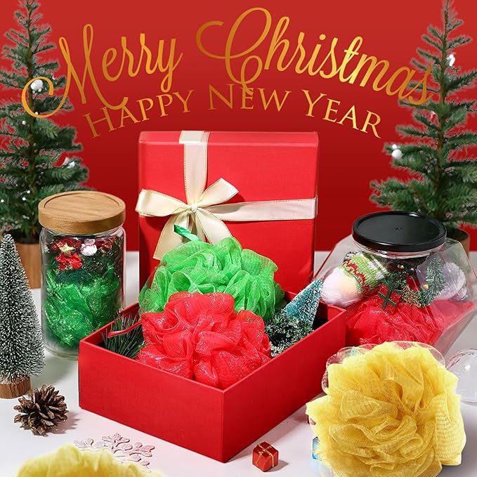24 Pcs Christmas Bath Loofah Sponge Red Green Loofah Exfoliating Body Scrubber Shower Sponge 50g Mesh Shower Pouf Balls Gift Set for Women Men Christmas Bathing Accessories(Red,Green,Gold)