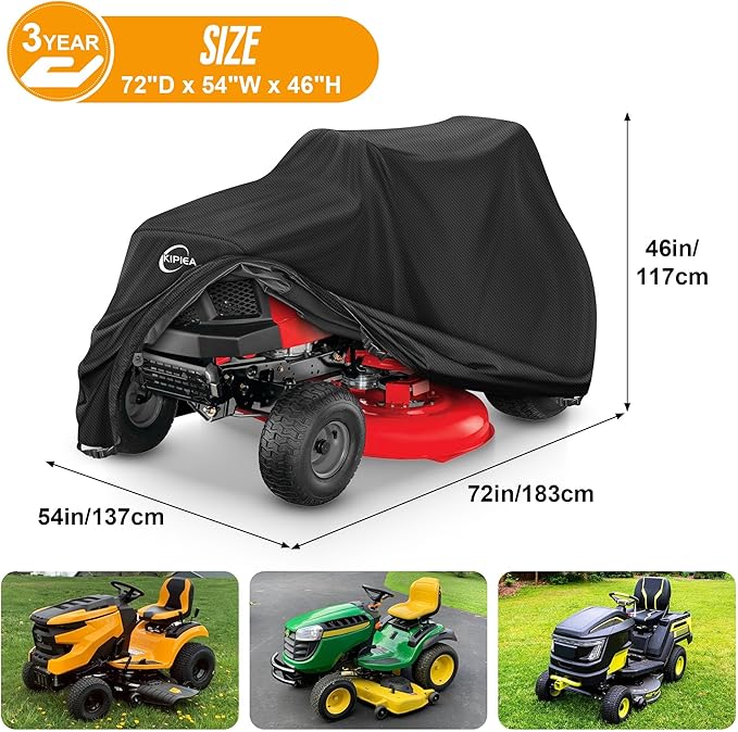 Kipiea Riding Lawn Mower Cover 600D Heavy Duty Lawn Tractor Cover Waterproof, Universal Fit with 4 Buckles, 2 Drawstrings and Storage Bag