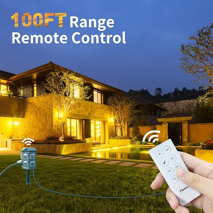 Outdoor Power Stake Timer, Remote Control Dusk to Dawn Light Timer, 30FT Extension Cord Waterproof, 6 Grounded Outlets for Outdoor Christmas Decorations, ETL Listed