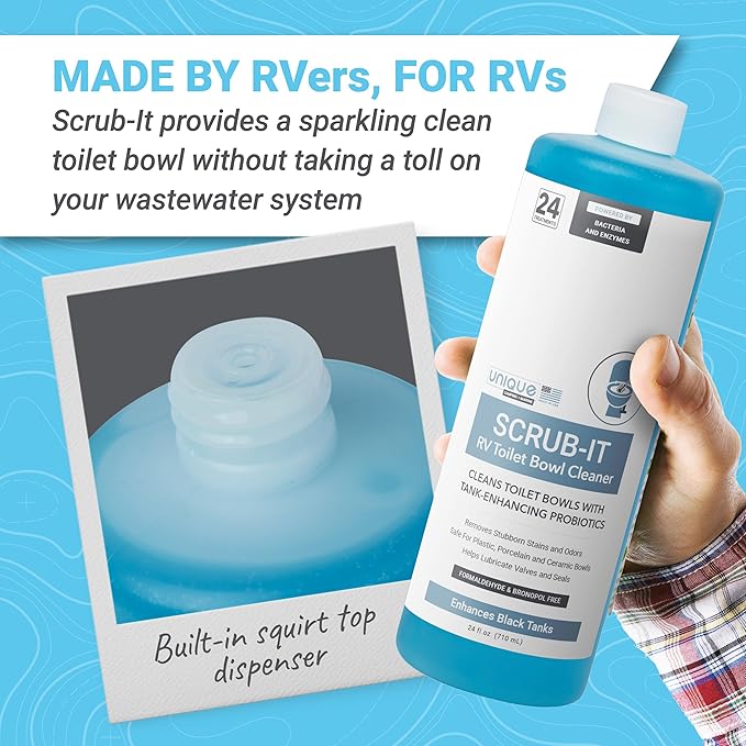 Unique Scrub-It RV Toilet Bowl Cleaner Liquid - Removes Odors, Stains and Debris - Safe on All Toilet Types 24 oz (3-Pack) Packaging May Vary