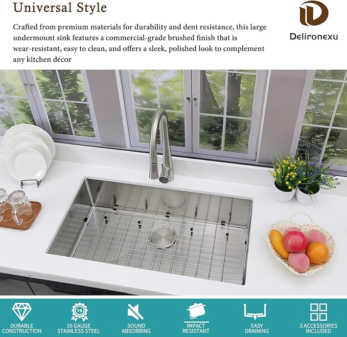 33 Inch Undermount Kitchen Sink – Delironexu 16 Gauge Stainless Steel Sink, Single Bowl Kitchen Sinks Undermount, 33x19 kitchen sink with Bottom Grid, Drain & Towel