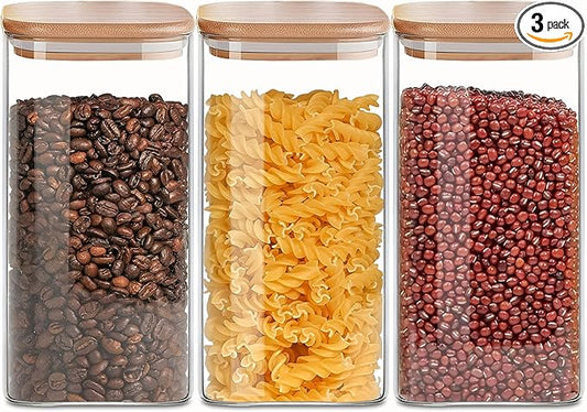 1.6 Qt Square Glass Storage Containers with Lids, Clear Food Storage Container Jar with Sealing Bamboo Lid for Noodles Flour Cereal Rice Sugar Tea Coffee Beans,Square Set of 3