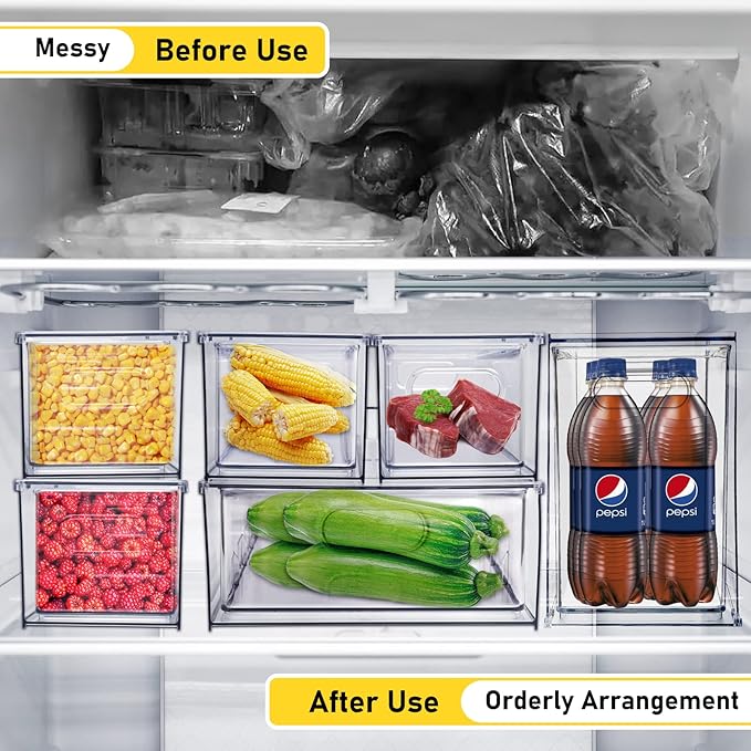 4 Pack Refrigerator Organizer Bins with Pull-out Drawer Stackable Clear Fridge Drawer Organizer Fruit Vegetable Storage Containers for Kitchen Pantry Organization (1 Large+1 Tall+2 Small)