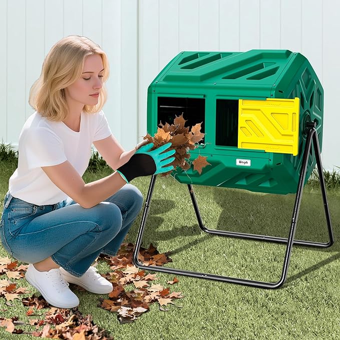Compost Bin, Outdoor Composter, Fast Assembly 43 Gallon Dual Chamber Outdoor Compost Tumbler, Heavy Duty Tumbling Rotating Composter for Patio, Garden, Yard, Green, Easy Setup, Gloves Included