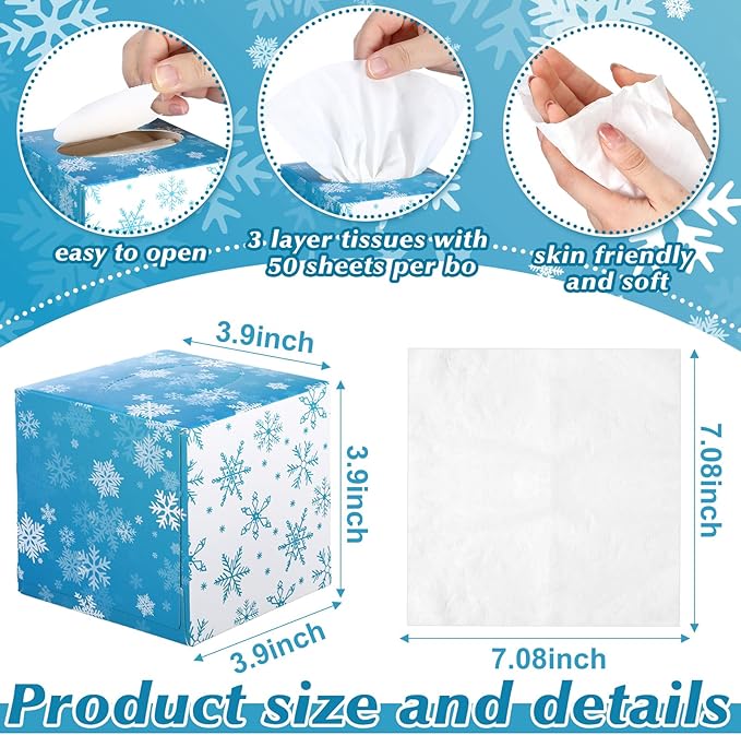 Bencailor 12 Pack Snowflake Facial Tissues Cube Boxes Winter Christmas Tree Square 600 Sheets 3 Ply Small Tissues Cube Boxes for Home Car Accessories(Blue and White,Snowflake)