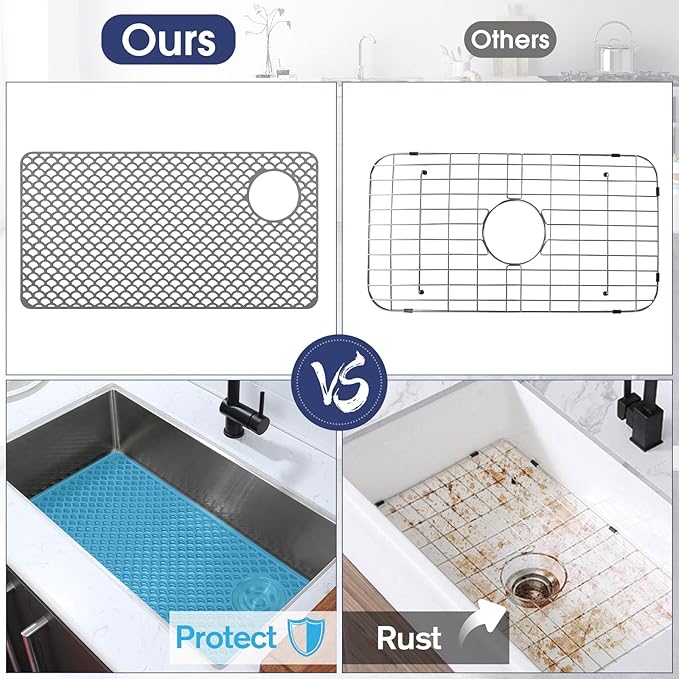 Silicone Sink Protector 28"x15" right Drain Hole, Heat Resistant Non-slip Dishwasher Suitable, Large Sink Mat for Bottom of Farmhouse Kitchen Stainless Steel Sinks(Grey)