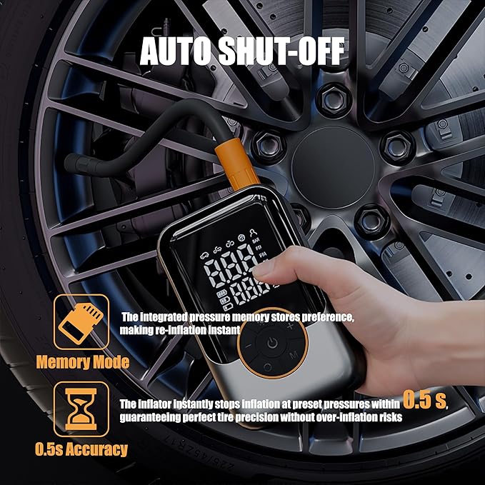 Cordless Portable Tire Inflator, Fast with Digital Pressure Gauge, Emergency LED Light for Car/Motorcycle/Bike/Inflatables, 150PSI Rechargeable & 12V DC Dual Mode