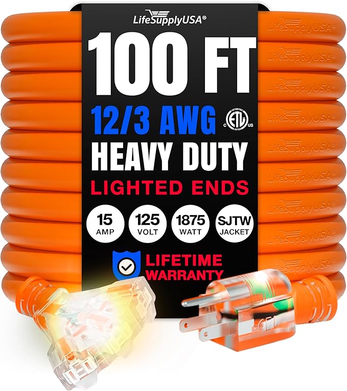 100ft Outdoor/Indoor Extension Cord 3-Outlet 12/3 Gauge Extra Heavy Duty ETL Listed, 3 Prong SJTW, Waterproof, Flexible Cold-Resistant Long Power Cord,15A 125V 1875W, Orange by LifeSupplyUSA