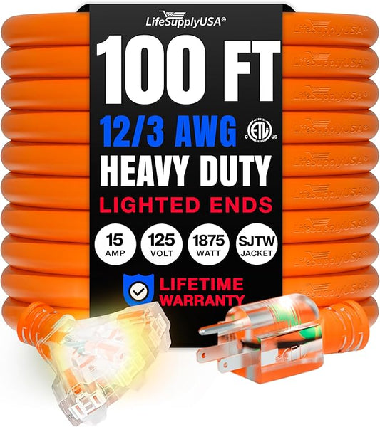 100ft Outdoor/Indoor Extension Cord 3-Outlet 12/3 Gauge Extra Heavy Duty ETL Listed, 3 Prong SJTW, Waterproof, Flexible Cold-Resistant Long Power Cord,15A 125V 1875W, Orange by LifeSupplyUSA
