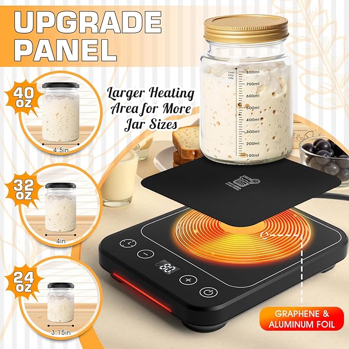 Upgraded Sourdough Starter Warmer, Precise 1°F Thermostat Control (70-100°F) Warming Heating Pad Mat with 0–12H Timer & Auto On/Off, Memory Function, Sourdough Heater Proofing Tool for Home Baking
