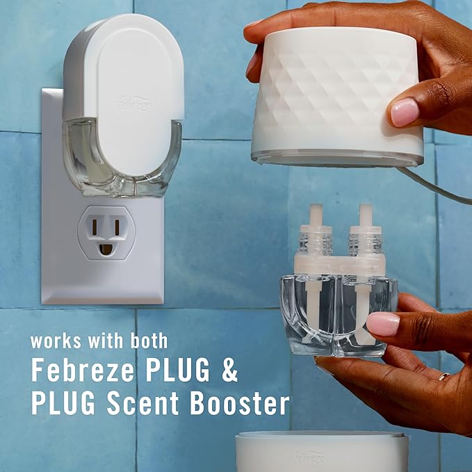 Febreze Plug Scent Booster Starter Kit, Oil Diffuser, Air Freshener Plug in, Continuous Scent Device + 2 Downy Calm Refills