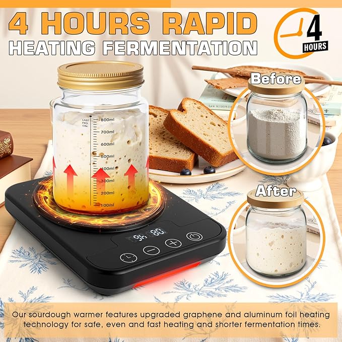 Sourdough Starter Warmer Mat, 12H Timer, Precise 1°F Thermostat Control (70-100°F) Warming Heating Pad, Smart Memory Warming On/Off, Fits Jars Up to 40oz, Perfect for Home Baking (Black)