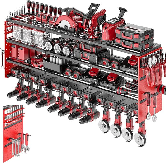 Large Power Tool Organizer Wall Mount, 52" Heavy Duty 4 Tier Garage Storage Shelf with 12 Drill Holder, Power Tool Storage Organizer Loads 480lbs for Garage Organization Warehouse Workshop