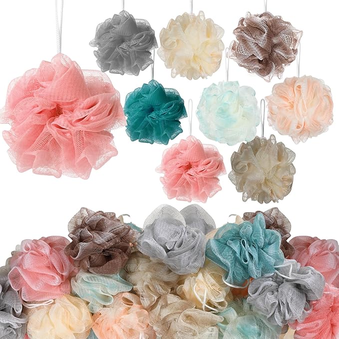 CHENGU 80 Pcs Loofah Bulk Sponge Bath Sponges for Shower, Bath, Body Pouf Mesh Loofah Exfoliating Body Scrubber for Baby, Women, Men, 20g (Plain, Novel Colors)