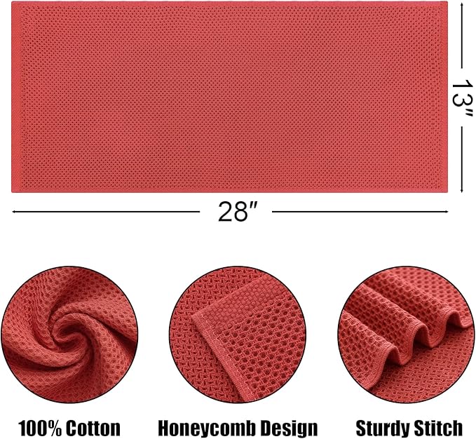 Kitinjoy 100% Cotton Waffle Weave Kitchen Towels, 6-Pack Super Soft and Absorbent Dish Towels for Drying Dishes, Kitchen Hand Towels, 13 in x 28 in, Brick Red