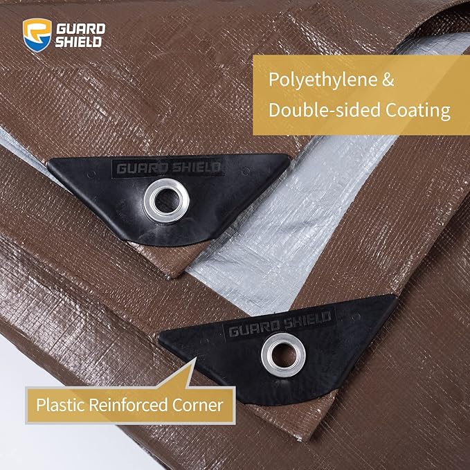 GUARD SHIELD Tarps Heavy Duty Waterproof 10x10 Feet Brown/Silver Poly Tarp Cover Outdoor Thick UV Resistant Tarpaulin with Grommets 10mil (2-Pack)