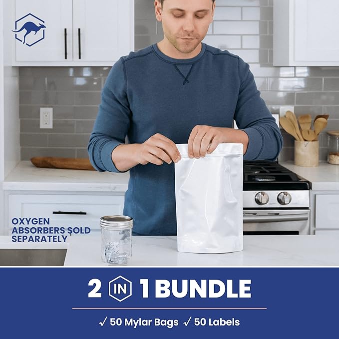 Wallaby 50 Count 1-Quart Gusset Mylar Bags with Labels, 12 Mil Total Thickness Long-Term Food Storage Pouches, 15x12 Stand-Up Zipper Heat-Sealable Airtight Packaging - Silver