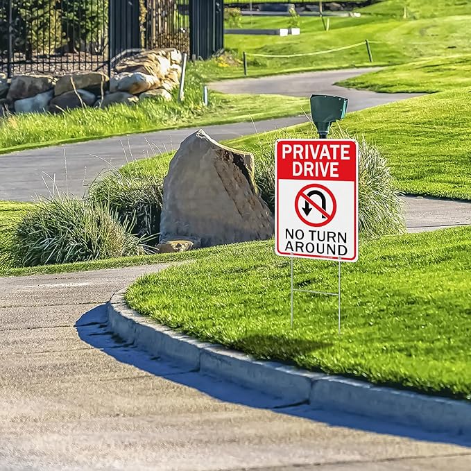 GicnKeuz Private Driveway No Turn Around with metal stake Signs, 14 x 10 Inches Reflective Aluminum Signs, Fade Resistant/Waterproof, Easy to Install, Outdoor Use （2 - Pack）