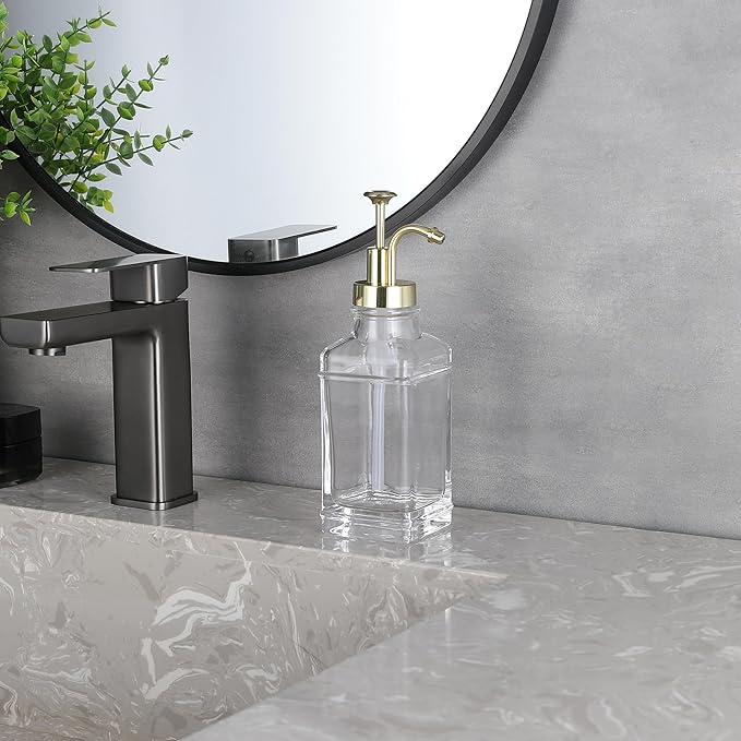 Clear Glass Soap Dispenser with Brushed Gold Finish Pump, Modern Refillable Pump for Bathroom, Kitchen, or Office, Elegant Accent Piece for Interior Decoration