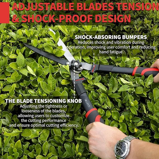 GARTOL 23-Inch Hedge Shears with 9‘’ Extra Thick High Carbon Steel Wavy-Blade, Precision Cutting | Rust-Resistant Ergonomic Handles with TPR Grip, Adjustable Tension Knob & Shock-Absorbing Bumpers