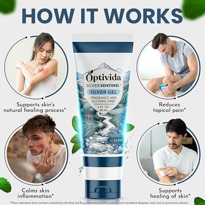OPTIVIDA Colloidal Silver Gel for Wound Care, Natural Topical Skin Healing | Nano-Silver Topical Gel for Wounds, Burns, Rashes, Skin Irritations, Unscented (4 Oz.)