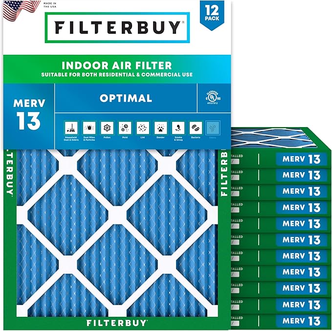 Filterbuy 24x30x1 Air Filter MERV 13 Optimal Smoke & Allergy Defense (12-Pack), Electrostatic Pleated HVAC AC Furnace Filters Replacement, Made in USA (Actual Size: 23.88 x 29.88 x 0.75)