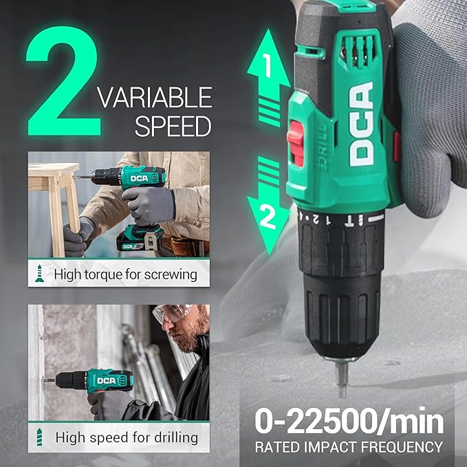 DCA 20V Cordless Hammer Drill Set, 354 In-lbs Torque, 1/2" Keyless Chuck, 22500 IPM, 2 Variable Speeds, 18+1+1 Position, Power Impact drill with 14 Drill/Driver Bits for Brick, Metal, Wood ADJZ2035i13