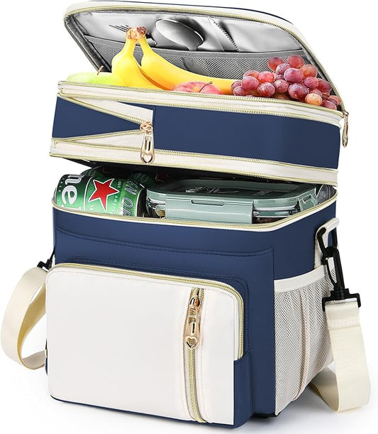 LOKASS Expandable Lunch Box for Women Men | Adult Lunchbag Cooler Tote Bag with Adjustable Shoulder Strap | Insulated Reusable Womens Lunch Bags for Work Camping Beach | 16L, Dark Blue