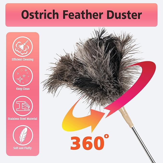 Extendable Ostrich Feather Duster, 47 inches Natural Fluffy Long Handle Feathers Dusters, Soft, Durable, Reusable for Home Office Cleaning High Ceilings, Wall, Fans, Furniture, Blinds,Roof Dusting