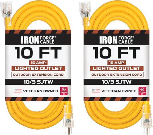 Iron Forge Cable Outdoor Extension Cord 10 Ft, 2 Packs - 10 Gauge Heavy Duty Extension Cord, 15 AMP, 10/3 Yellow Cable SJTW Weatherproof with 3 Prong
